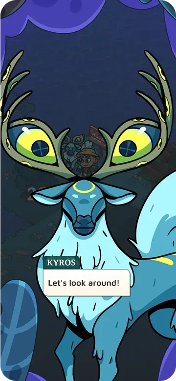 Monster Walk screenshot: meeting Kyros, the antlered guardian