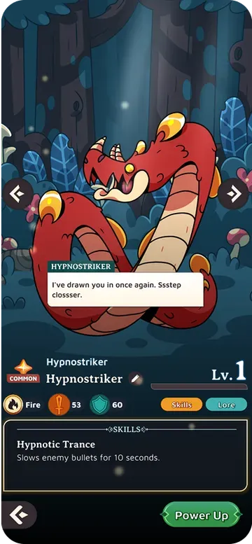 Monster Walk screenshot: the Hypnostriker monster card and skills